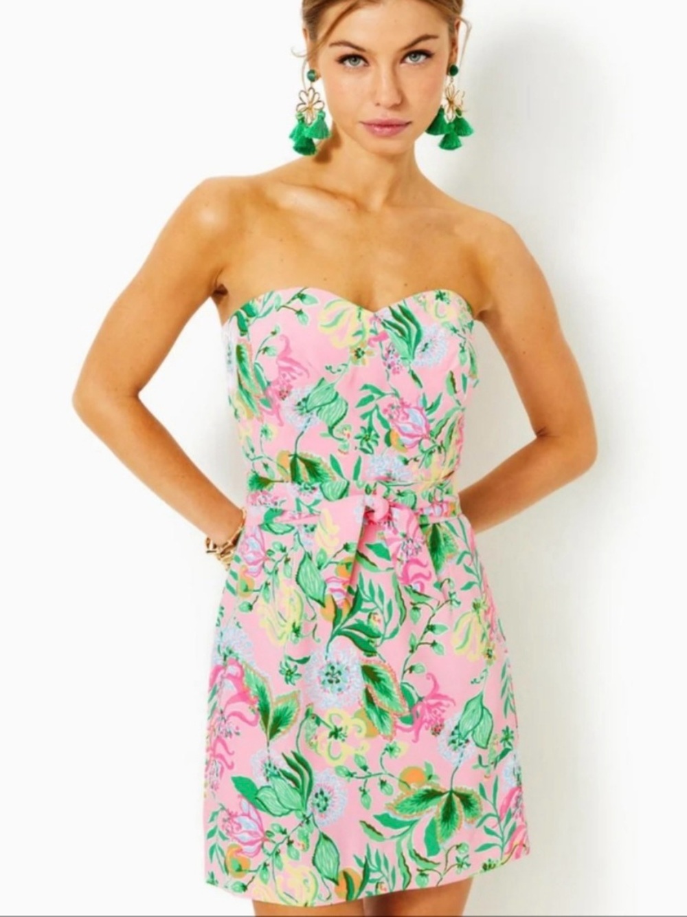 Lilly Pulitzer Pink Tropical Strapless Tie-Waist Romper